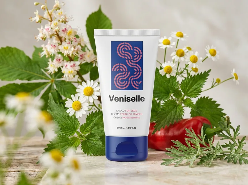 Veniselle cream tube beside green botanical leaves on a light background